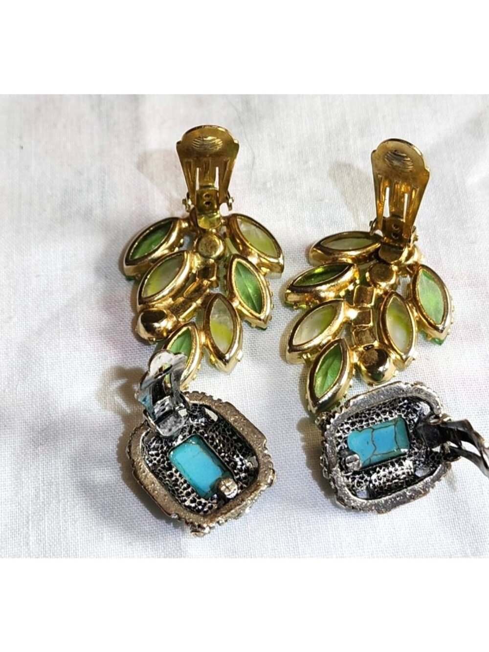 Vintage Clip-On Earrings Set With Rhinestones Faux Turquoise & Glass Designs - L - Picture 5 of 6
